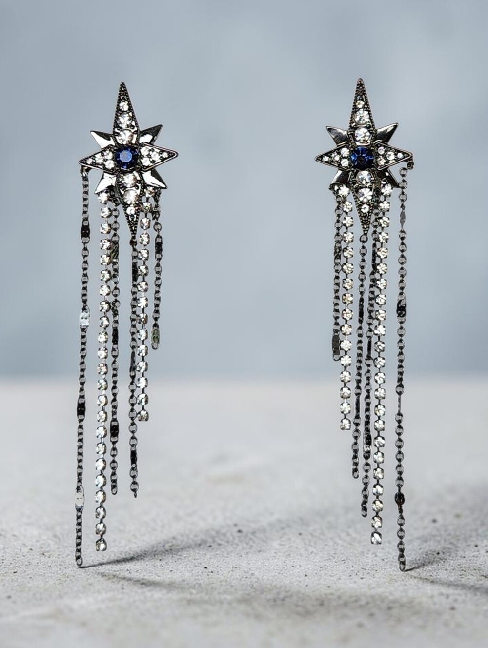 Starburst Dangle Rhinestone Earrings with Chain Fringe and Blue Crystal Celestia
